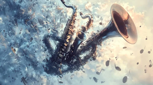 Surreal Saxophones and Musical Notes in Clouds