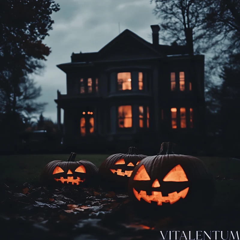 Haunted House and Glowing Jack-O'-Lanterns AI Image