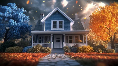 Autumn House with Blue and Orange Trees