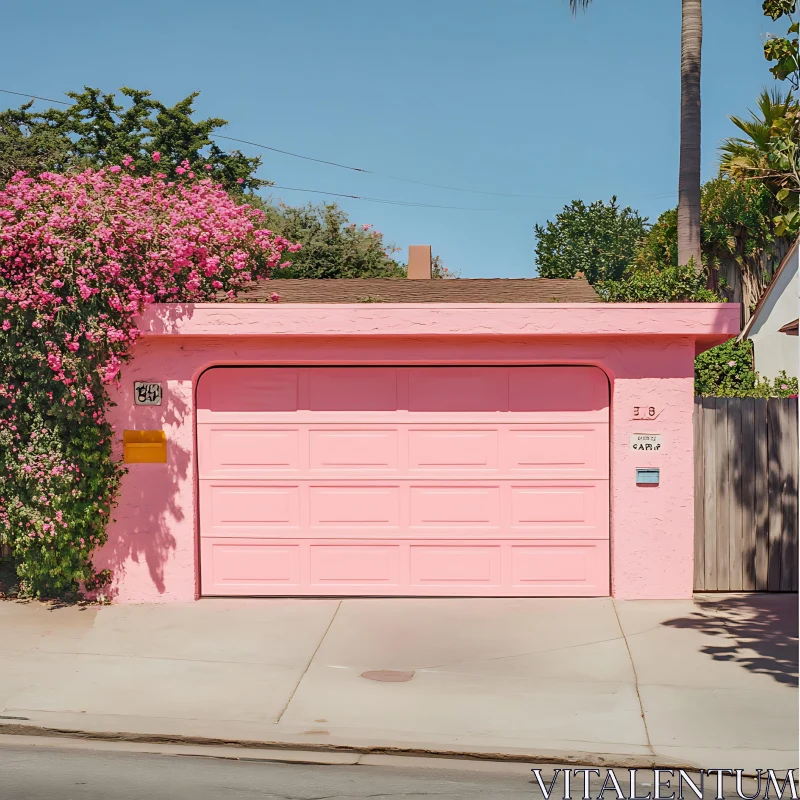 Vibrant Pink Garage Door with Blossoming Bougainvillea AI Image