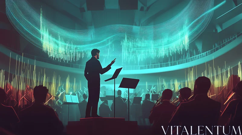 Conductor Leading Orchestra in Illuminated Concert AI Image