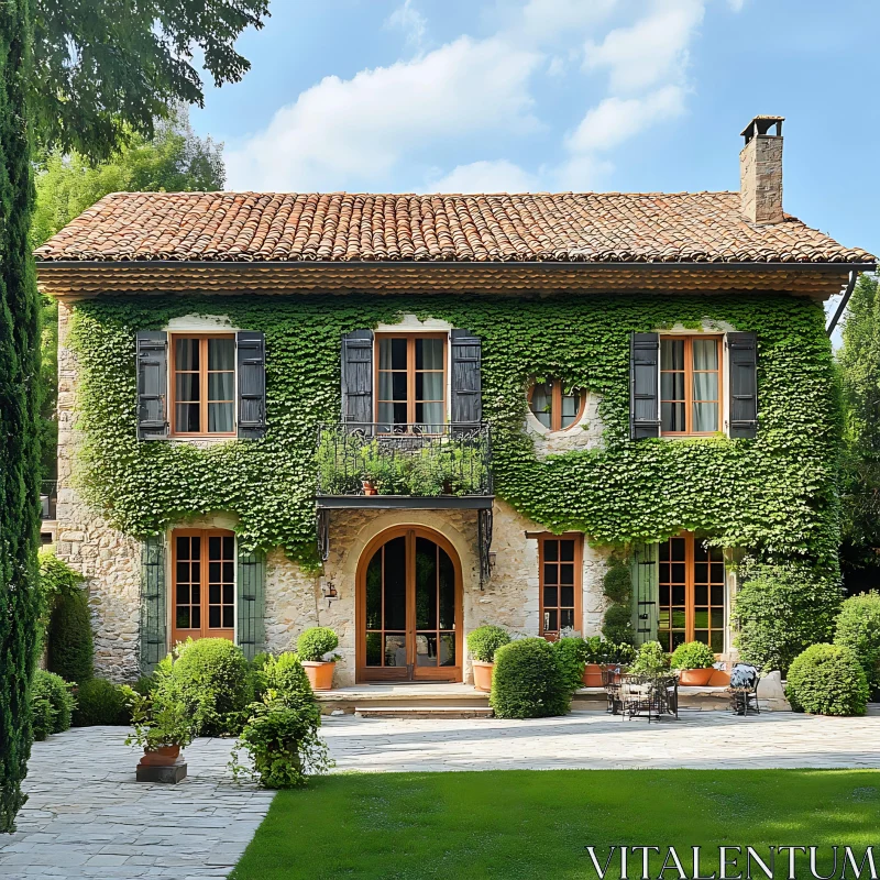 Classic Stone House with Ivy and Serene Garden AI Image