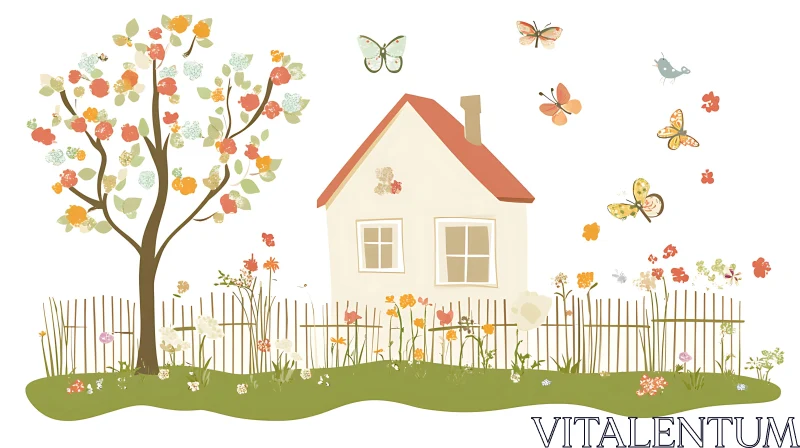 AI ART Enchanting Garden House Scene with Colorful Butterflies