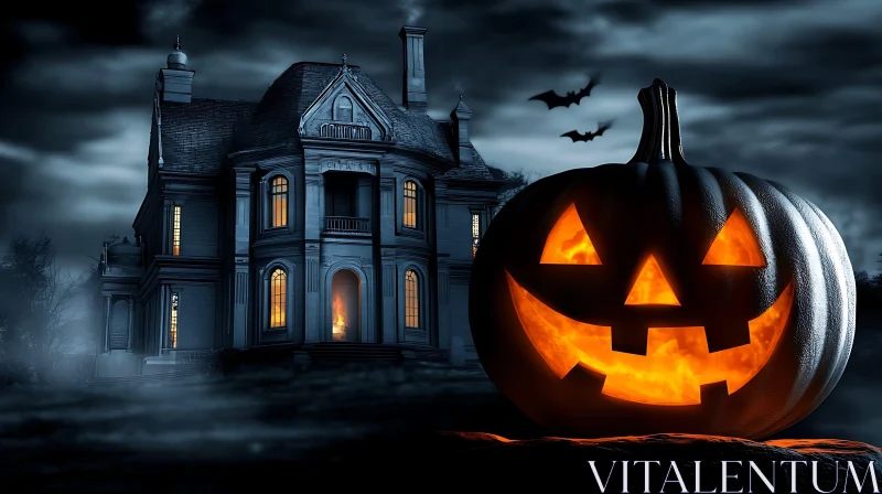 Haunted House with Jack-O'-Lantern Pumpkin AI Image