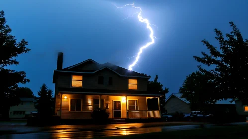 Lightning Illuminating a House in the Dark