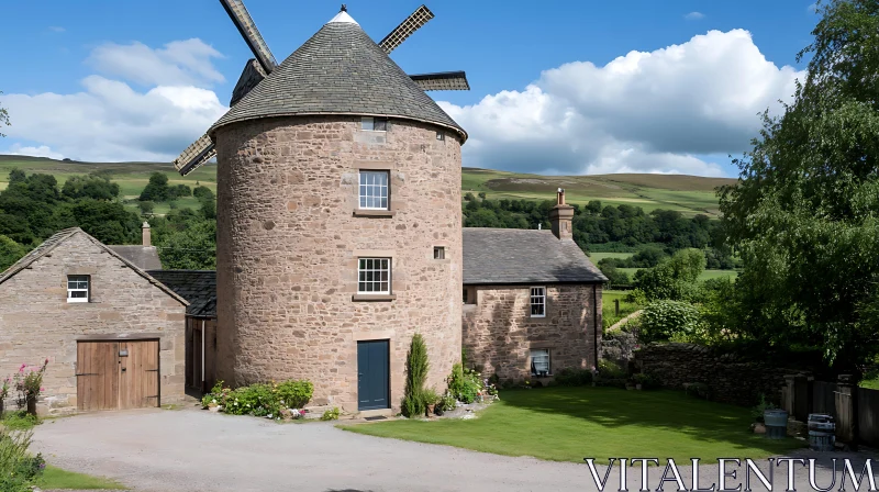 Scenic Windmill Landscape AI Image