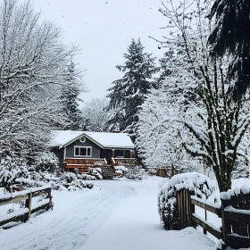 Idyllic Snow-Covered Cabin Amidst Winter Trees