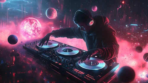 Galactic DJ Immersed in a Neon Cosmic Landscape