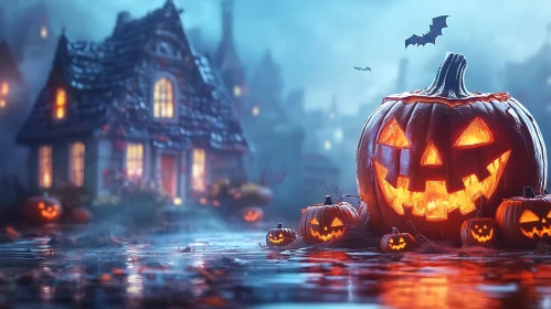Eerie Halloween Night with Carved Pumpkins and Bats