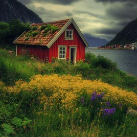 Scenic Cottage Surrounded by Wildflowers Near a Lake