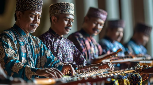 Cultural Stringed Instrument Performance in Traditional Attire
