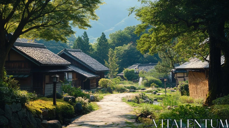 Peaceful Village Path Surrounded by Nature AI Image