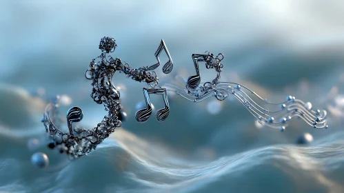 Metallic Abstract Figure with Musical Notes