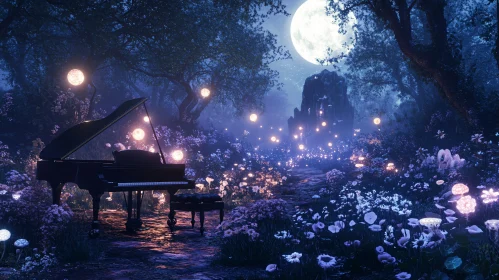 Moonlit Enchanted Forest with Piano and Glowing Orbs
