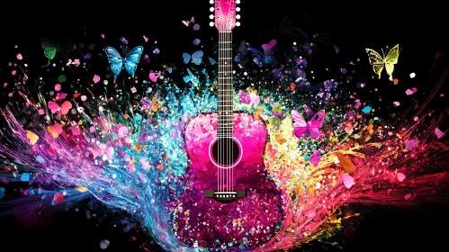 Vibrant Pink Guitar and Butterfly Explosion in Abstract Art