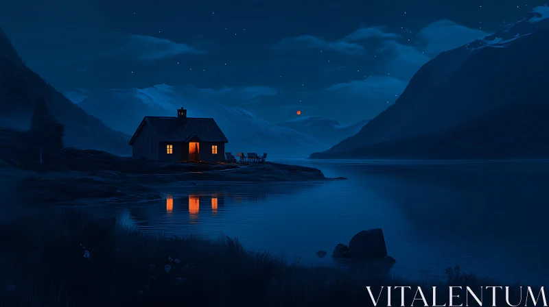 Peaceful Night Scene with Illuminated Cabin and Reflective Lake