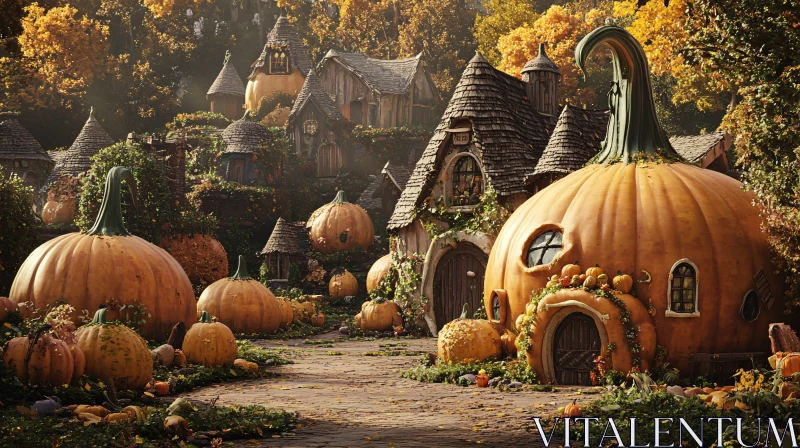 Magical Pumpkin House Village with Autumn Foliage