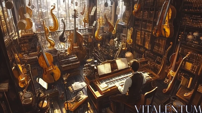 Musical Library with Grand Piano and Vintage Instruments AI Image