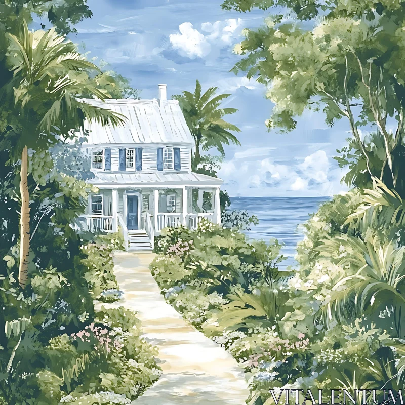 Serene Coastal House Surrounded by Nature AI Image