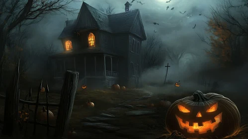 Spooky Halloween Scene with Haunted House