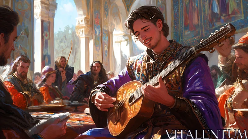 Renaissance Guitar Player in a Lavish Banquet Hall AI Image