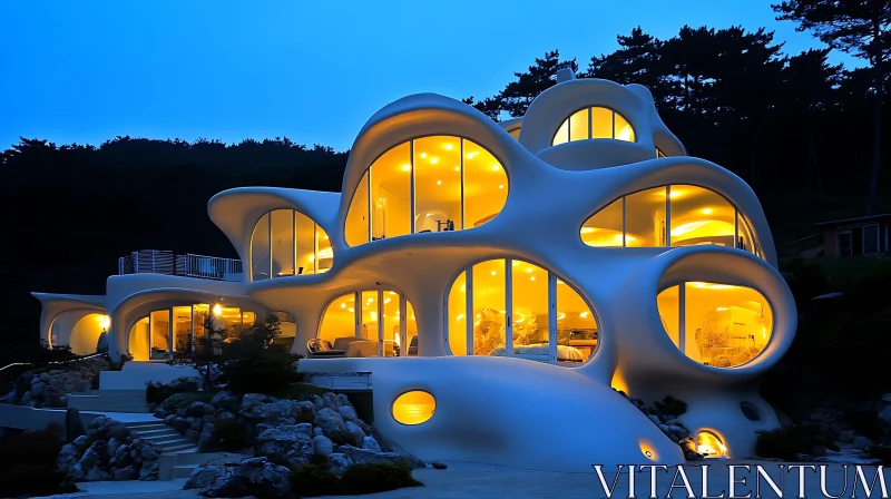 Futuristic House Design with Warm Interior Lighting AI Image