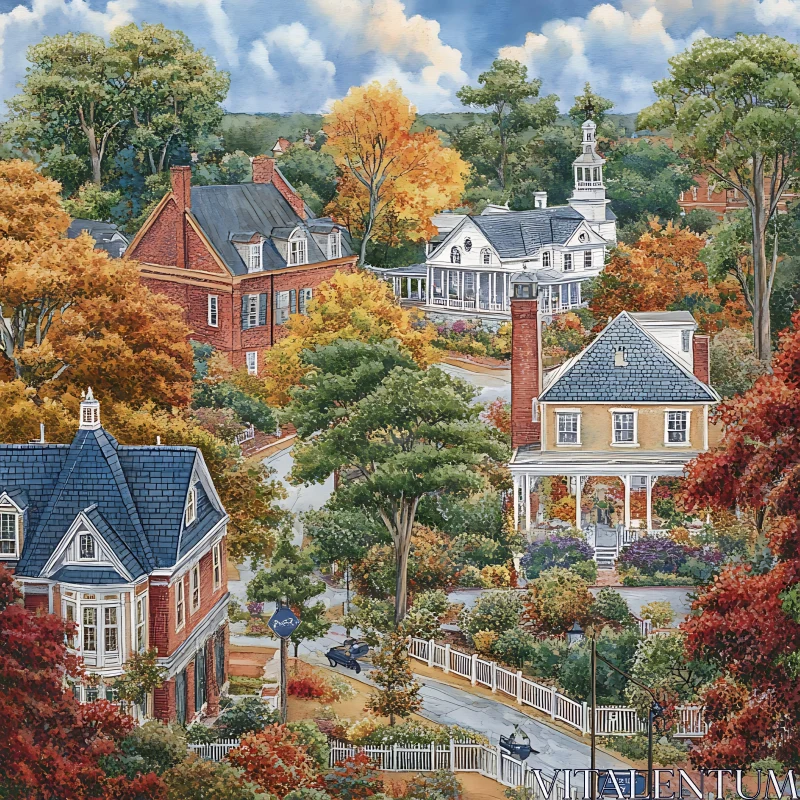 Autumnal Charm in a Picturesque Neighborhood AI Image