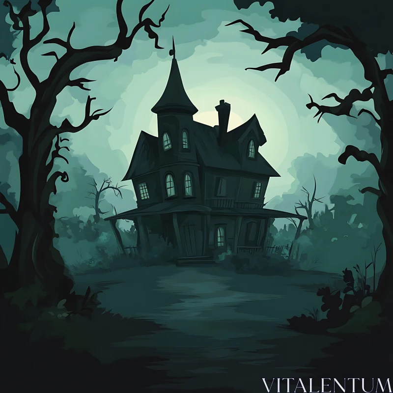 Dark and Spooky Haunted House Illustration AI Image