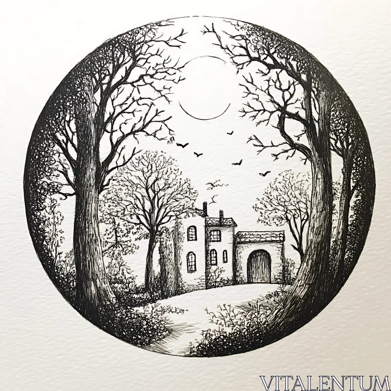 AI ART Enchanted Cottage in Circular Forest Illustration