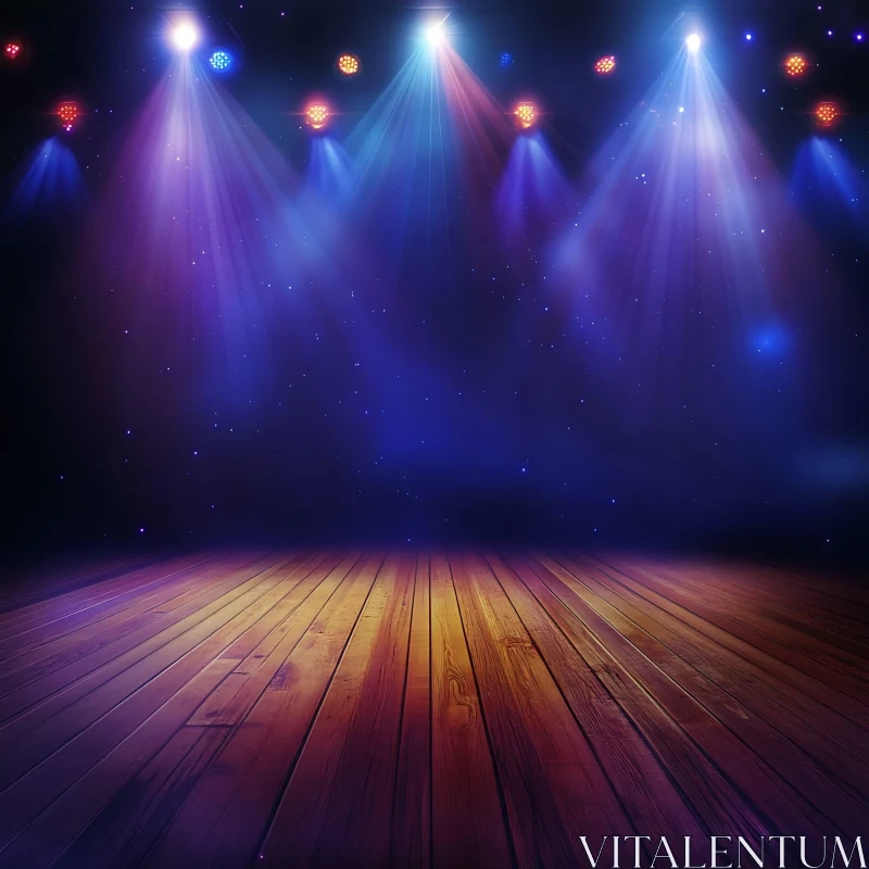 Colorful Spotlights on Wooden Stage AI Image