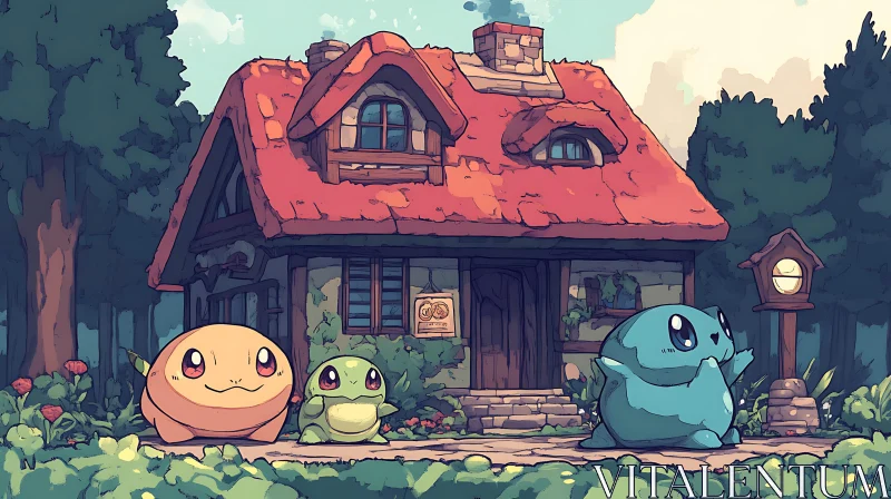 Fantasy Cottage in the Woods with Cartoon Creatures AI Image