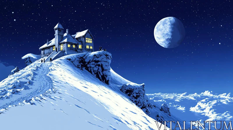 AI ART Moonlit Mountain House on a Snow-Covered Peak