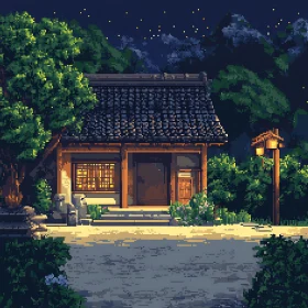 Japanese House at Night in Pixel Art