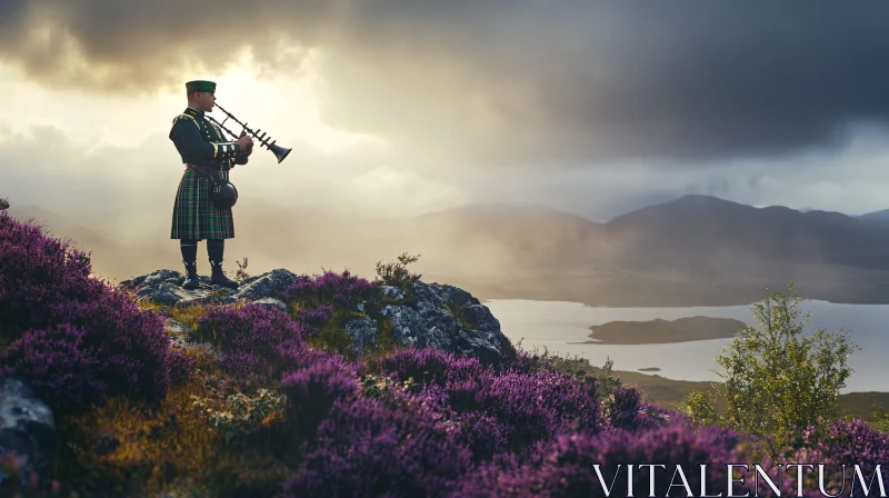 Traditional Scottish Bagpiper on Heather-Covered Hillside AI Image