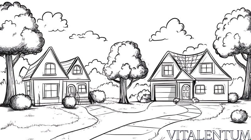 AI ART Peaceful Suburban Scene in Black-And-White Line-Art