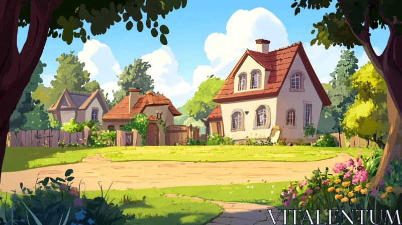 AI ART Sunny Countryside Cottage Amidst Nature