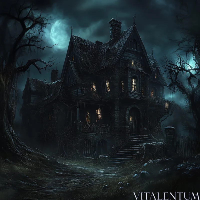 Eerie Gothic Mansion at Night AI Image