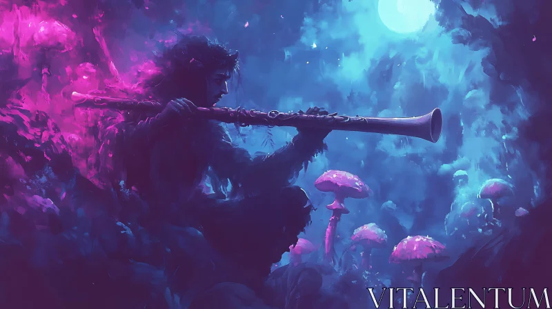 Ethereal Flute Player in a Moonlit Fantasy World AI Image