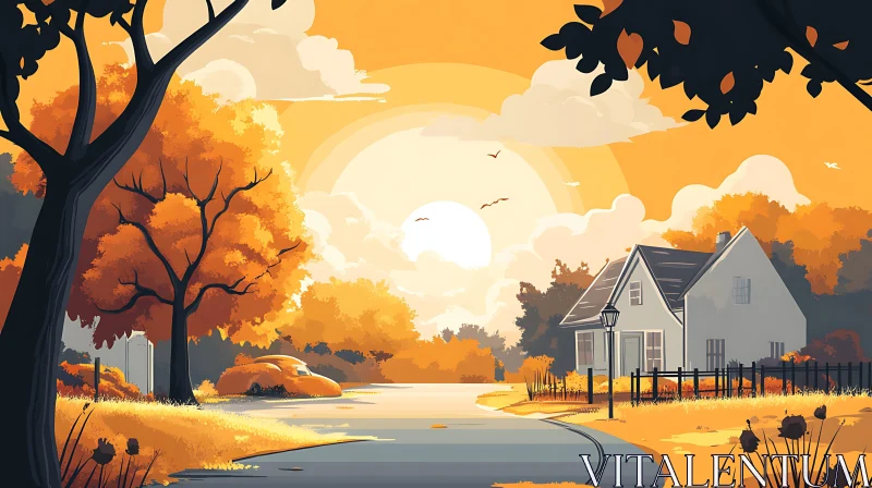 AI ART Serene Sunset Landscape with Autumn Trees and Cozy House