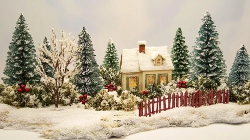 Idyllic Winter Scene with Snowy Cottage and Pine Trees