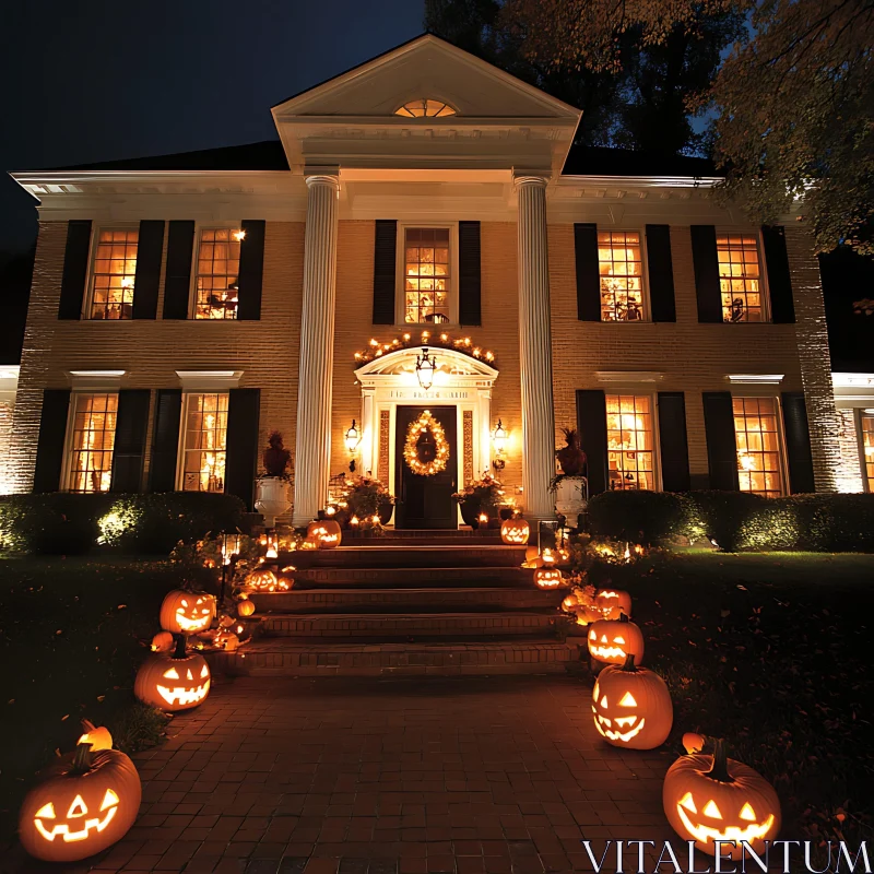 Halloween-Themed House with Jack-o'-Lanterns AI Image