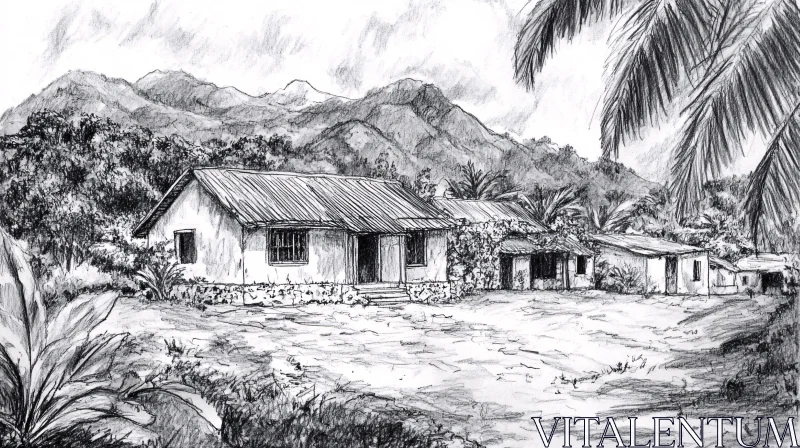 AI ART Rural Landscape with Mountains in Pencil Sketch