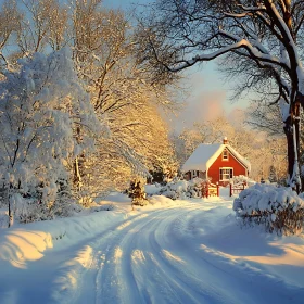 Serene Winter Cabin at Sunset