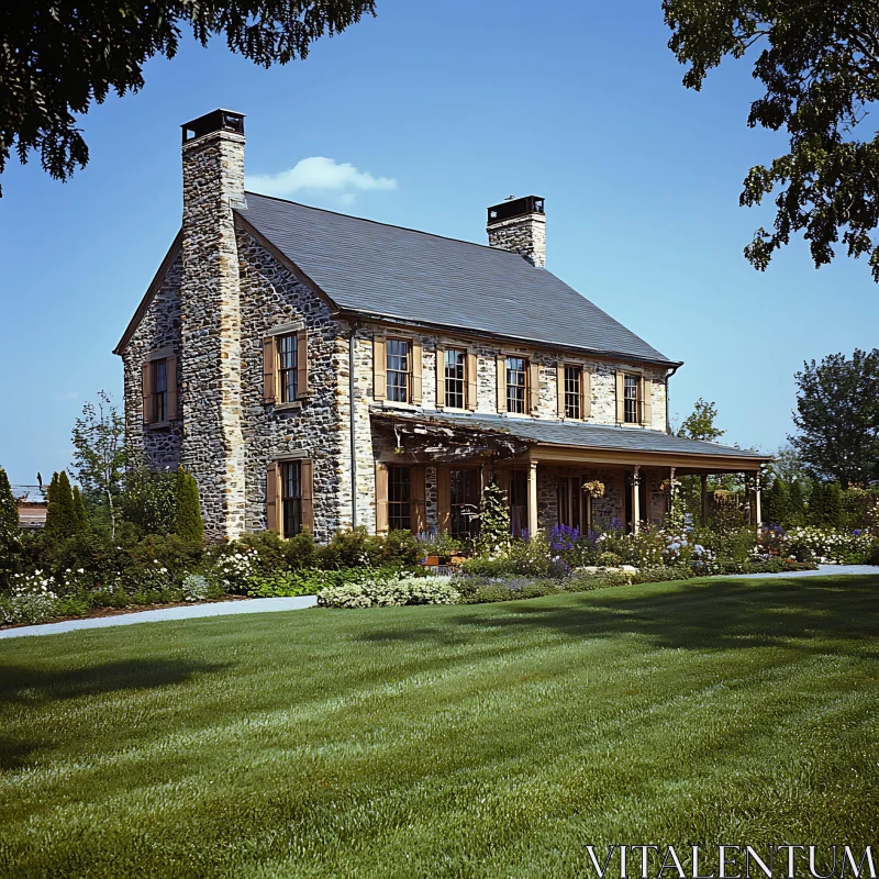 Serene Countryside Stone House with Garden AI Image