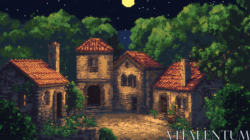 Charming Medieval Village Pixel Art Scene AI Image