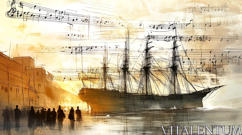 Surreal Harbor Scene with Ship and Floating Musical Notes AI Image