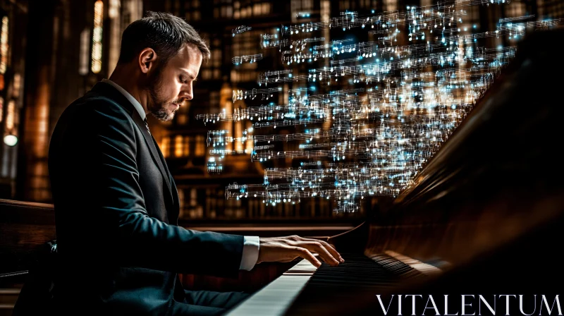 Man in Black Suit Playing the Piano with Floating Music Notes AI Image