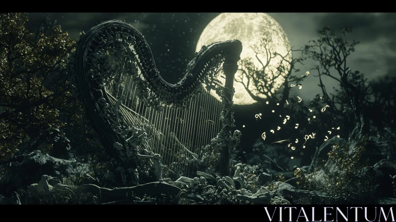 Ethereal Moonlit Harp in the Forest AI Image