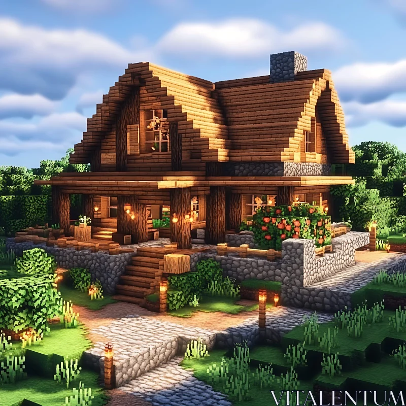 Wooden Cottage Amidst Greenery in Minecraft AI Image