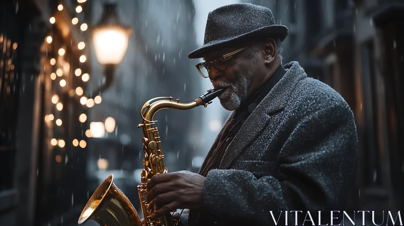 Urban Rainy Night with Saxophonist AI Image